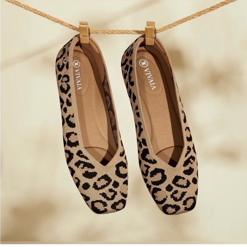 Vivaia Margot 2.0 Square-Toe V-Cut Flats Leopard Print Tan Black 39.5 W 8.5